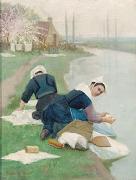 Lionel Walden Women Washing Laundry on a River Bank oil